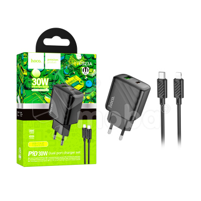 Сетевое зарядное устройство USB/Type-C Hoco CS23A (30W, QC3.0, PD, 2 порта, кабель Type-C-Lightning) Черный